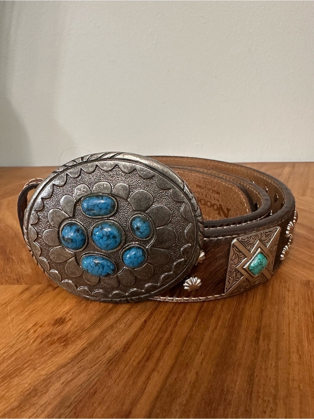 Nocona Belt Co. Turquoise Stone Calf Hair Tooled Leather Belt SZ 38 Western READ